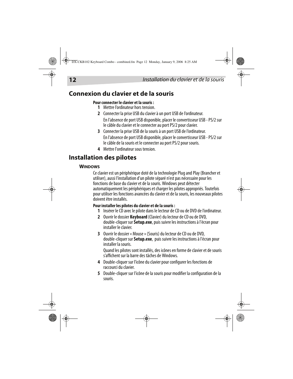 Connexion du clavier et de la souris, Installation des pilotes | Dynex DX-CKB102 User Manual | Page 12 / 20