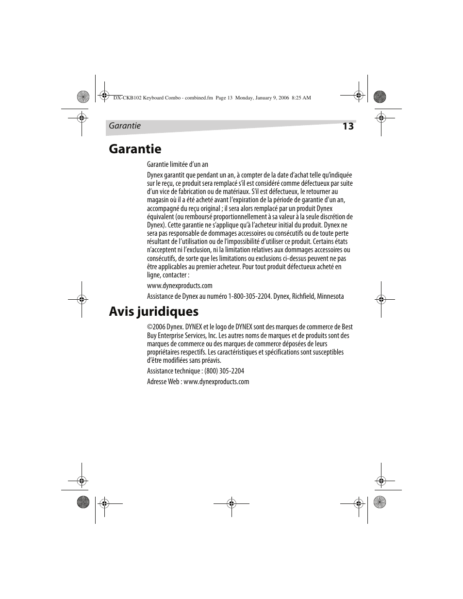 Garantie, Avis juridiques | Dynex DX-CKB102 User Manual | Page 13 / 20