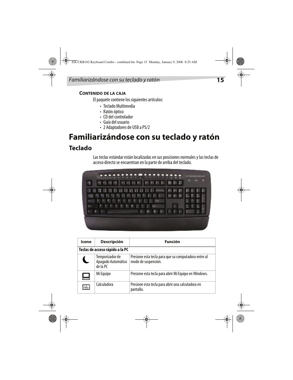 Familiarizándose con su teclado y ratón, Teclado | Dynex DX-CKB102 User Manual | Page 15 / 20