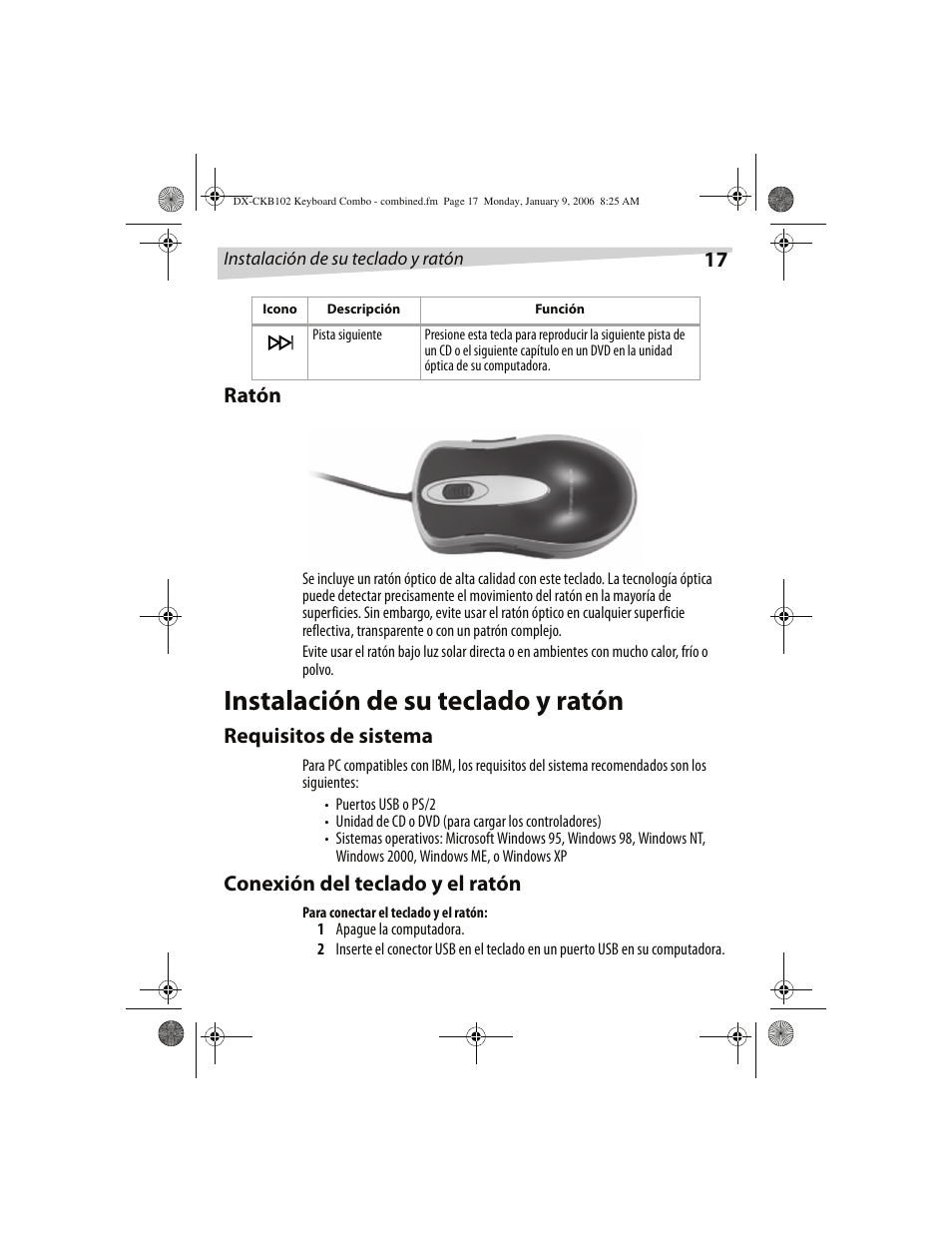 Instalación de su teclado y ratón, 17 ratón, Requisitos de sistema | Conexión del teclado y el ratón | Dynex DX-CKB102 User Manual | Page 17 / 20