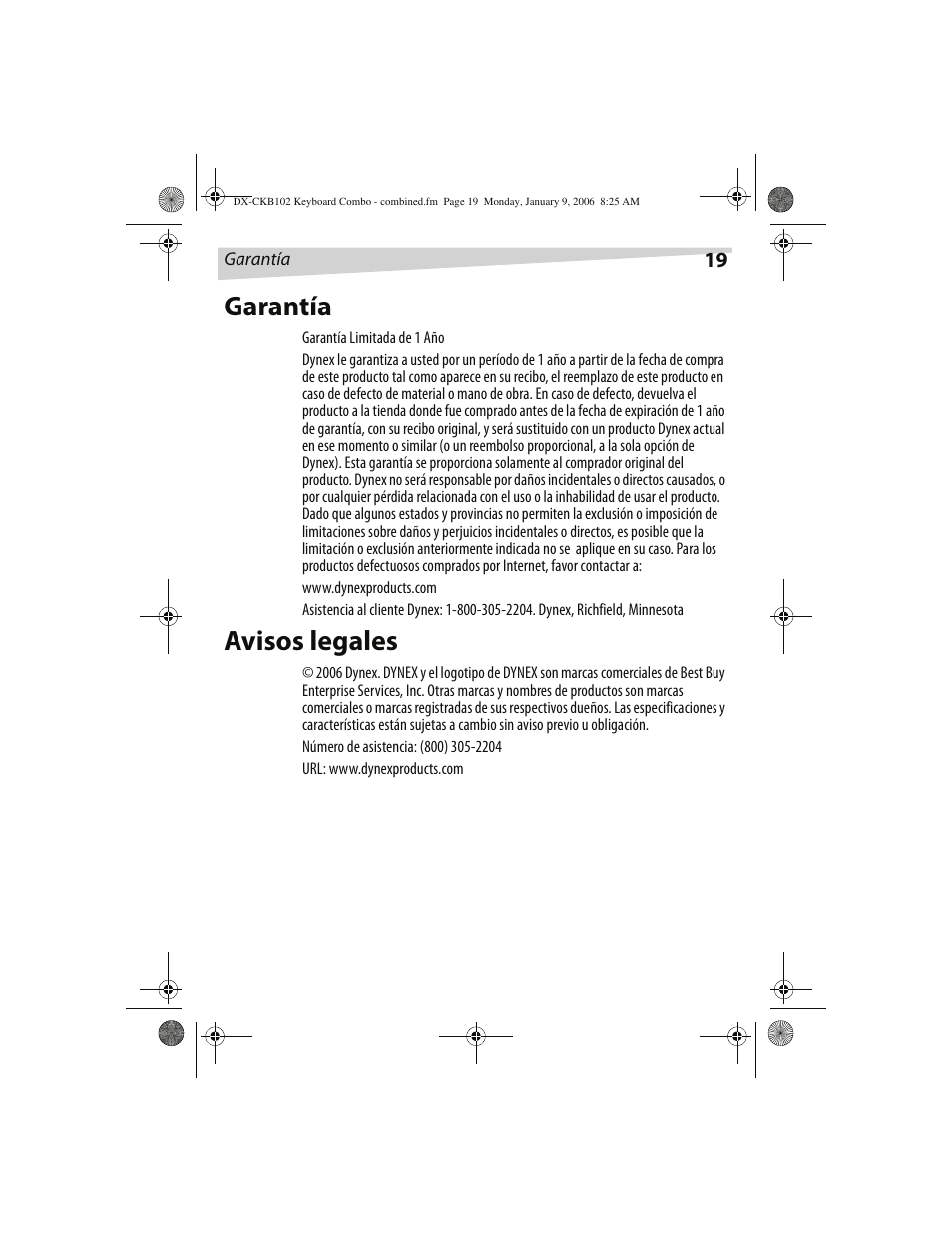 Garantía, Avisos legales | Dynex DX-CKB102 User Manual | Page 19 / 20