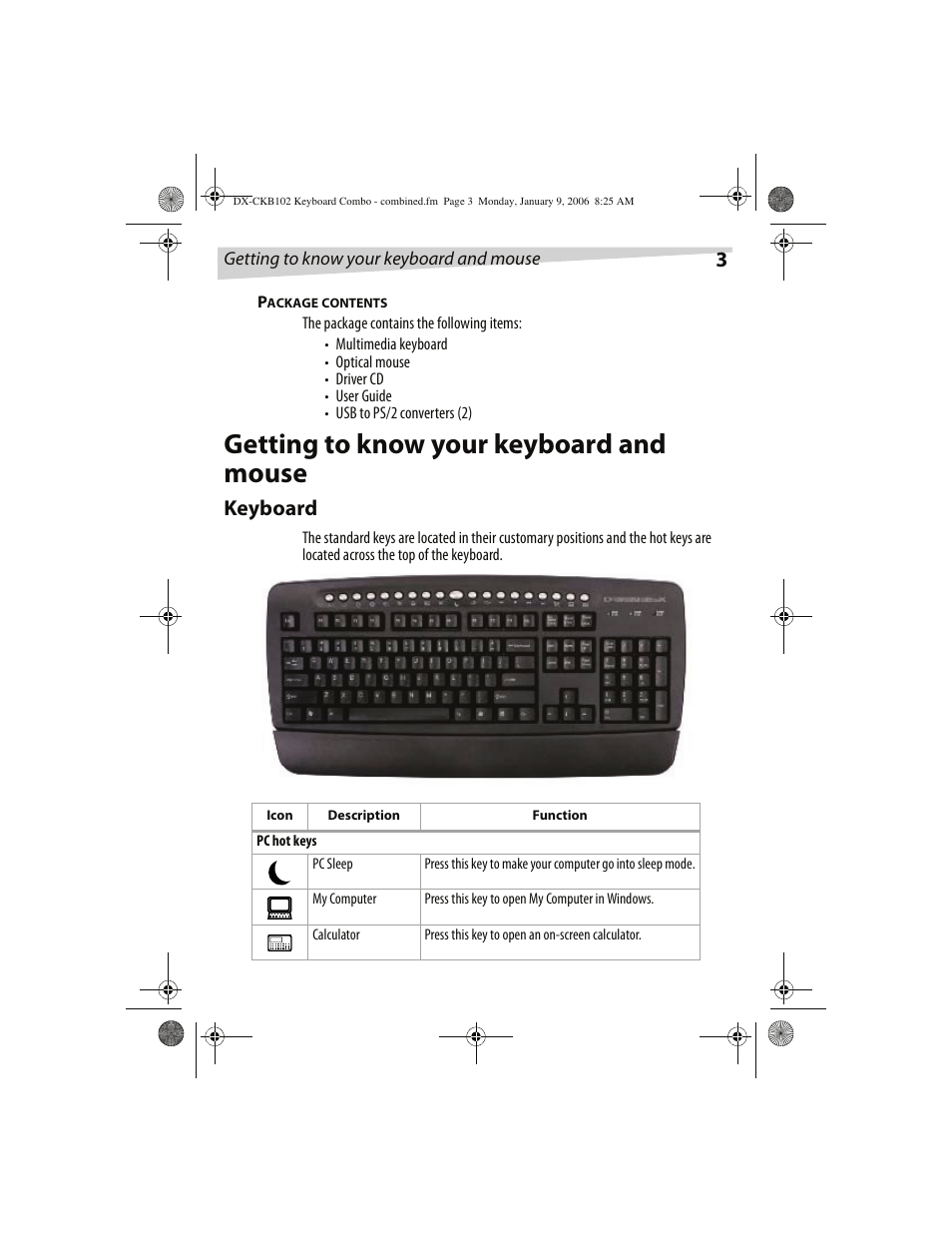 Getting to know your keyboard and mouse, Keyboard | Dynex DX-CKB102 User Manual | Page 3 / 20