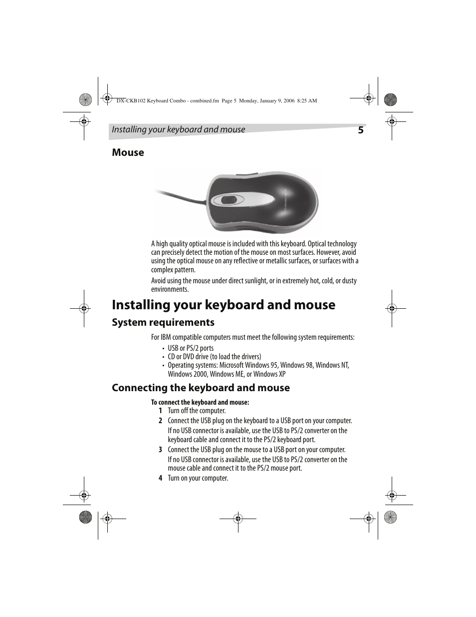 Installing your keyboard and mouse | Dynex DX-CKB102 User Manual | Page 5 / 20