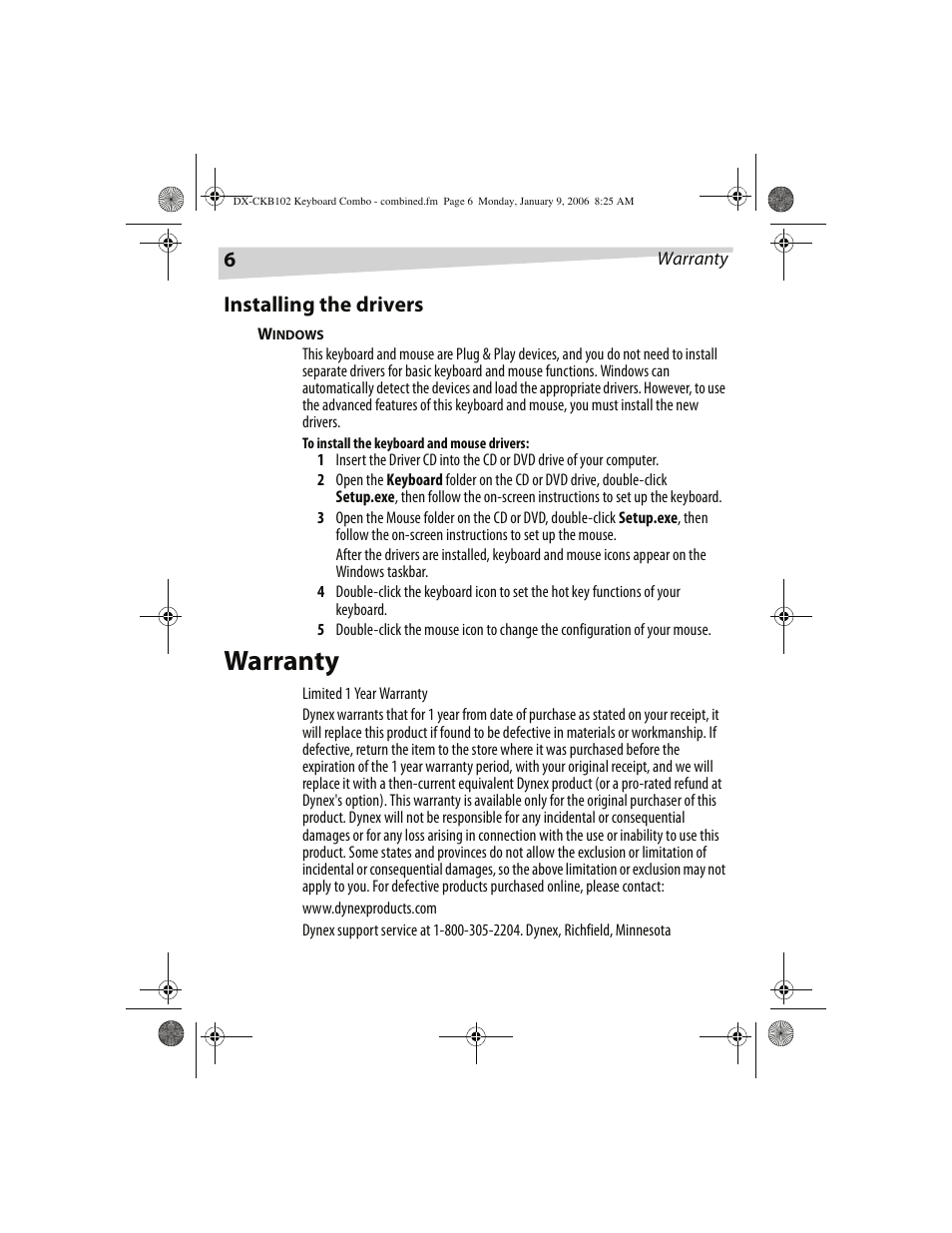 Warranty, Installing the drivers | Dynex DX-CKB102 User Manual | Page 6 / 20