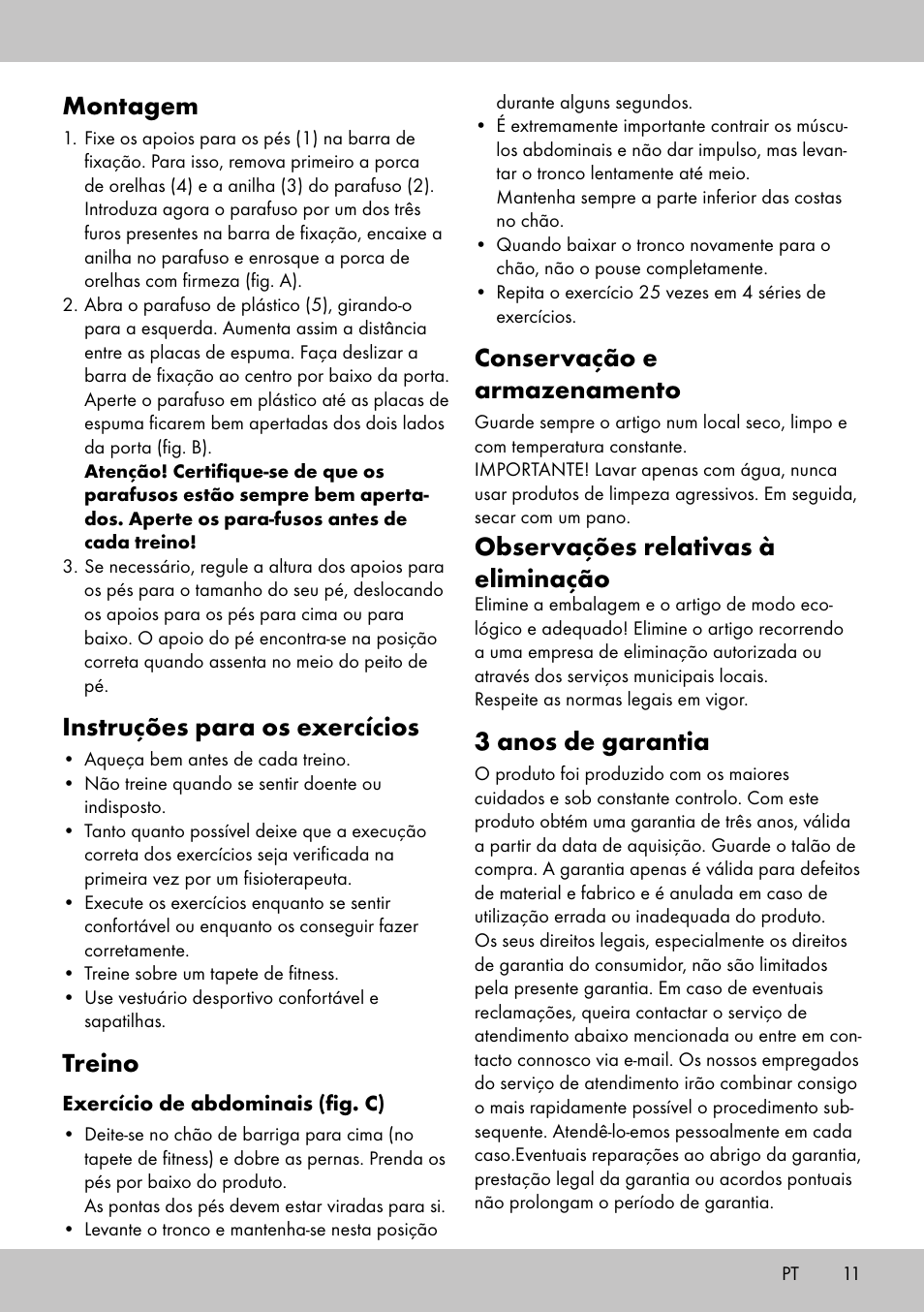 Montagem, Instruções para os exercícios, Treino | Conservação e armazenamento, Observações relativas à eliminação, 3 anos de garantia | Crivit HF-1753 User Manual | Page 11 / 20