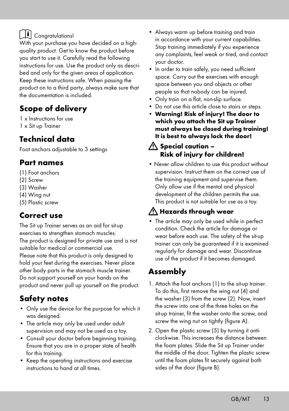 Scope of delivery, Technical data, Part names | Correct use, Assembly | Crivit HF-1753 User Manual | Page 13 / 20