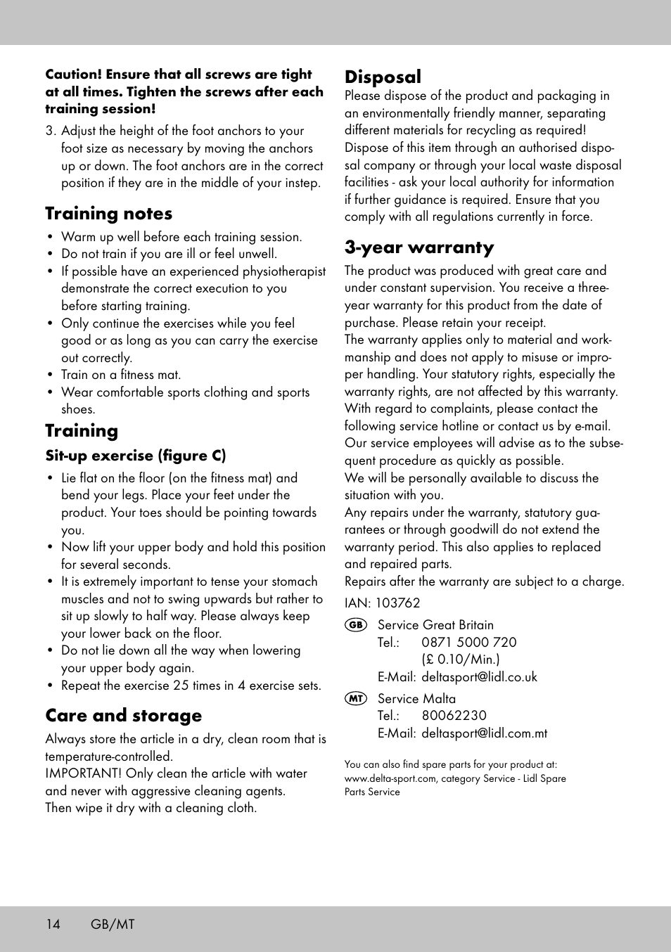 Training, Care and storage, Disposal | Year warranty | Crivit HF-1753 User Manual | Page 14 / 20