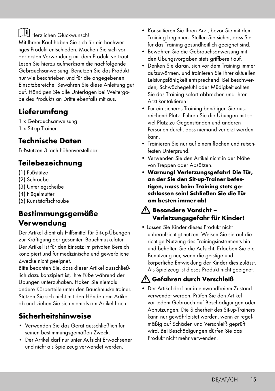 Lieferumfang, Technische daten, Teilebezeichnung | Bestimmungsgemäße verwendung, Sicherheitshinweise | Crivit HF-1753 User Manual | Page 15 / 20