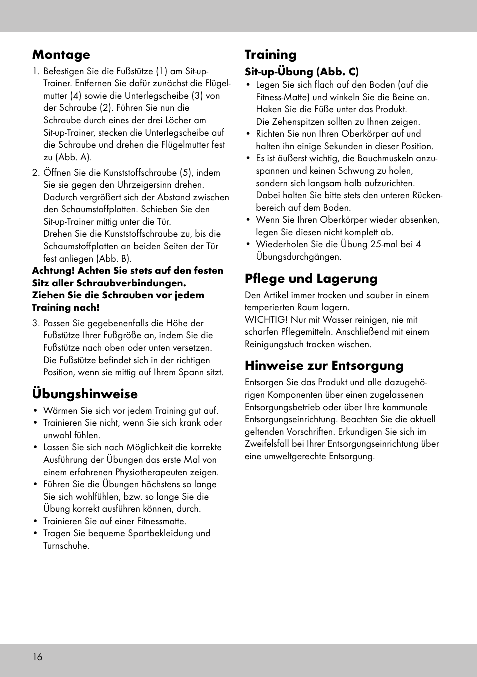 Montage, Übungshinweise, Training | Pflege und lagerung, Hinweise zur entsorgung | Crivit HF-1753 User Manual | Page 16 / 20