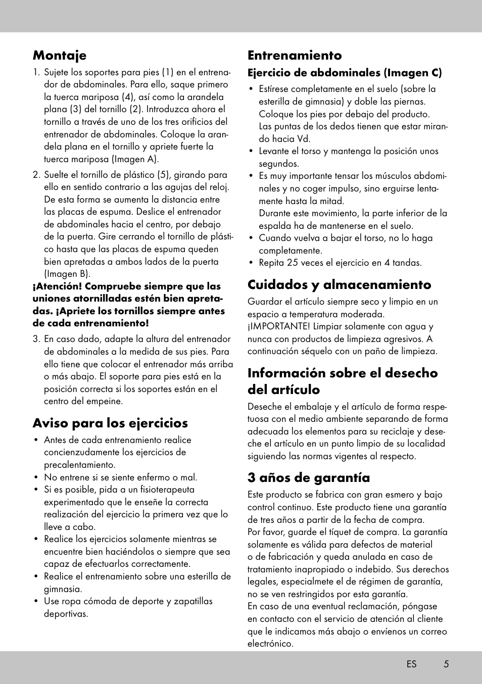 Montaje, Aviso para los ejercicios, Entrenamiento | Cuidados y almacenamiento, Información sobre el desecho del artículo, 3 años de garantía | Crivit HF-1753 User Manual | Page 5 / 20