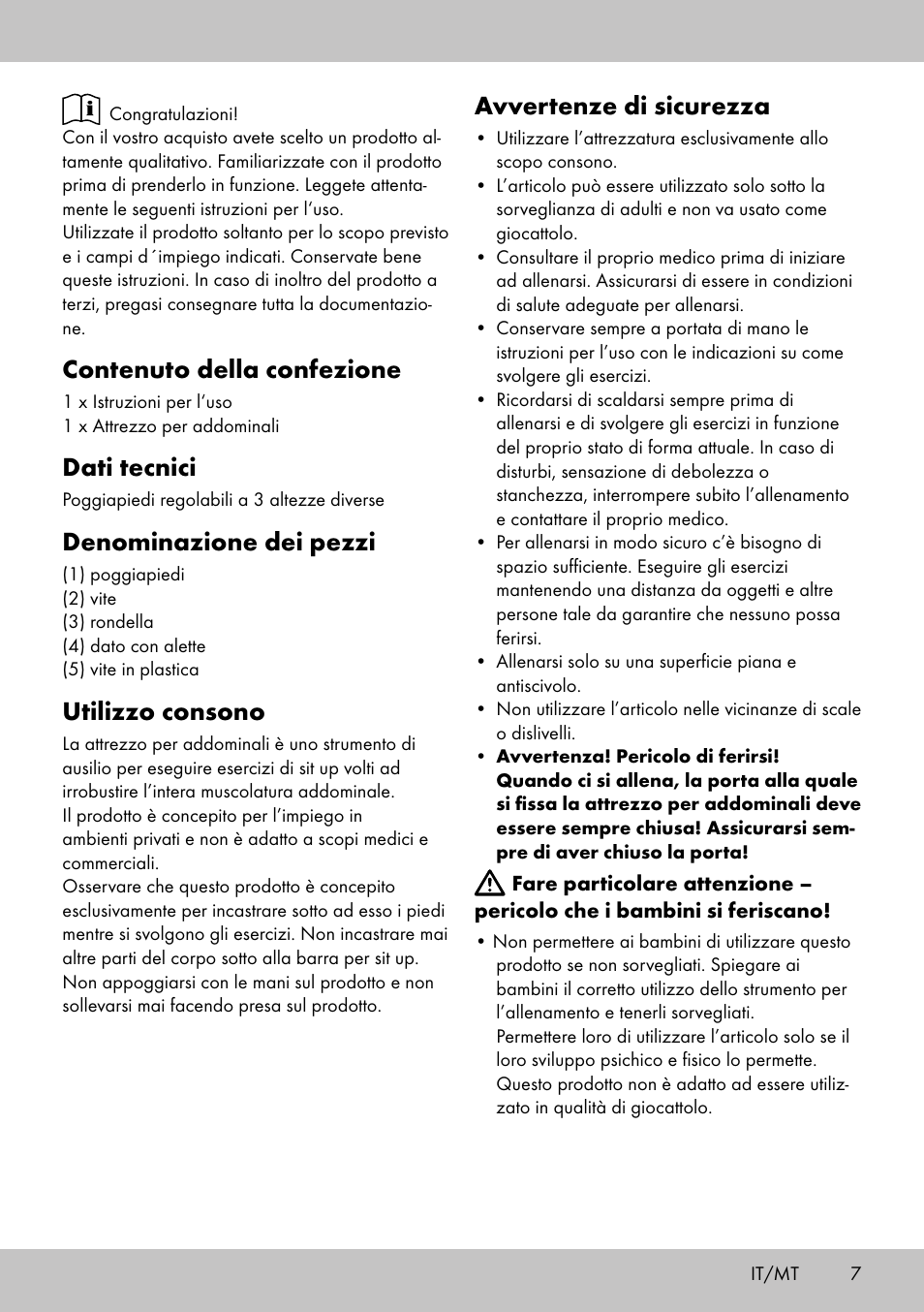 Contenuto della confezione, Dati tecnici, Denominazione dei pezzi | Utilizzo consono, Avvertenze di sicurezza | Crivit HF-1753 User Manual | Page 7 / 20