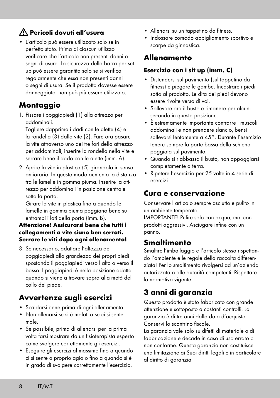 Montaggio, Avvertenze sugli esercizi, Allenamento | Cura e conservazione, Smaltimento, 3 anni di garanzia | Crivit HF-1753 User Manual | Page 8 / 20