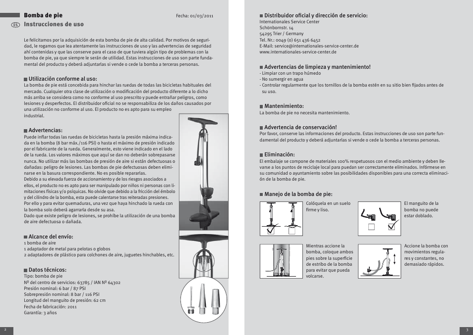 Bomba de pie, Instrucciones de uso | Crivit Floor air-pump User Manual | Page 2 / 13