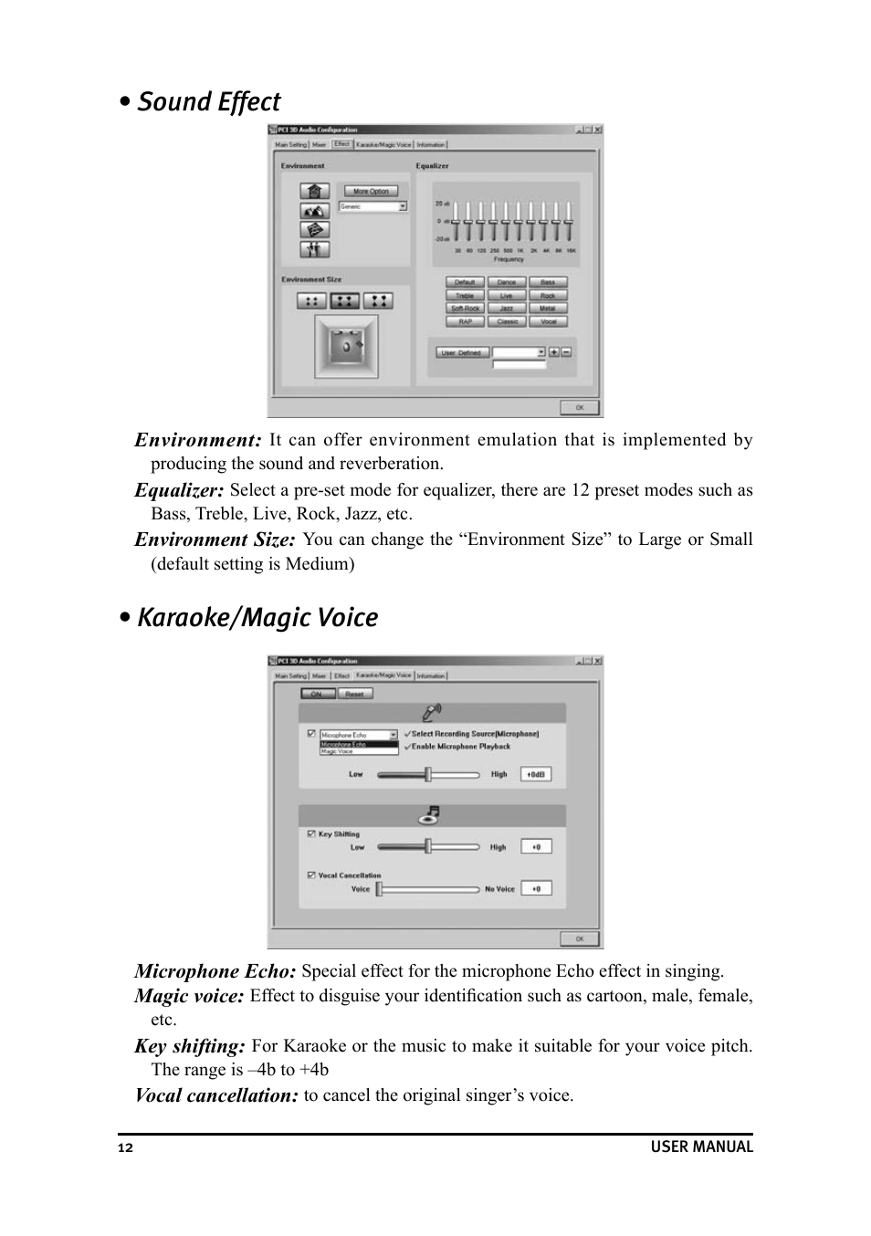 Sound effect, Karaoke/magic voice | Dynex DX-SC71 User Manual | Page 12 / 40