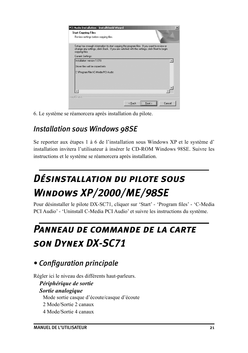 Panneau de commande de la carte son dynex dx-sc71, Installation sous windows 98se, Configuration principale | Dynex DX-SC71 User Manual | Page 21 / 40