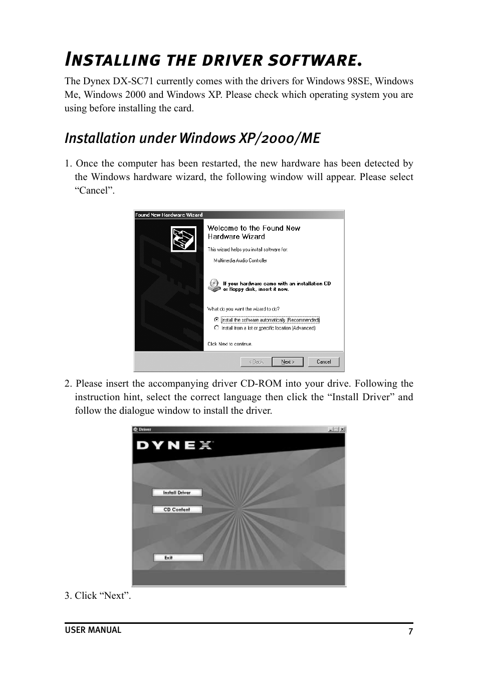 Installing the driver software, Installation under windows xp/2000/me | Dynex DX-SC71 User Manual | Page 7 / 40