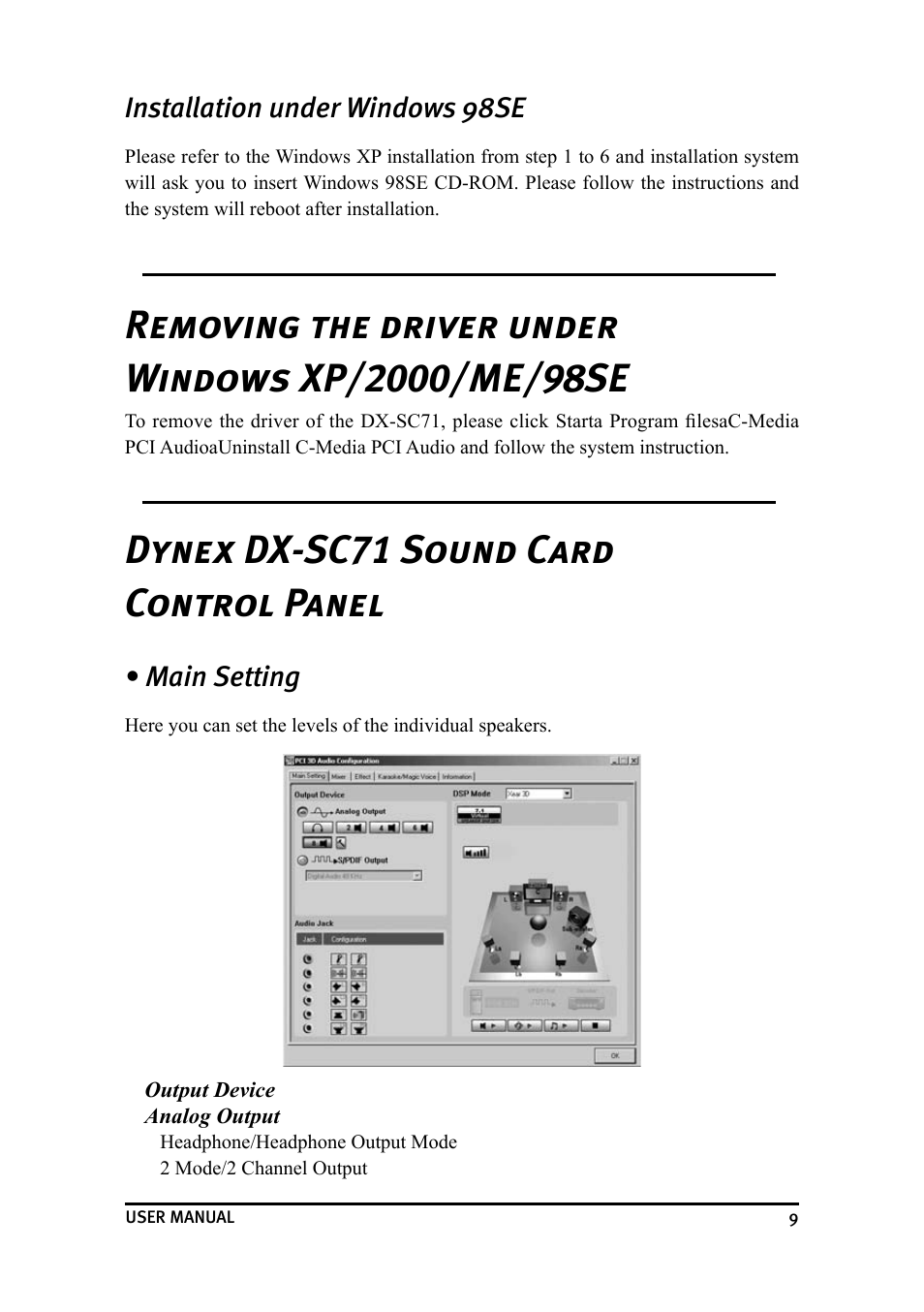 Dynex dx-sc71 sound card control panel, Installation under windows 98se, Main setting | Dynex DX-SC71 User Manual | Page 9 / 40