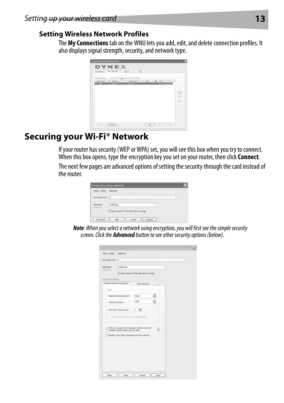 Setting wireless network profiles, Securing your wi-fi® network | Dynex DX-EBNBC User Manual | Page 13 / 86