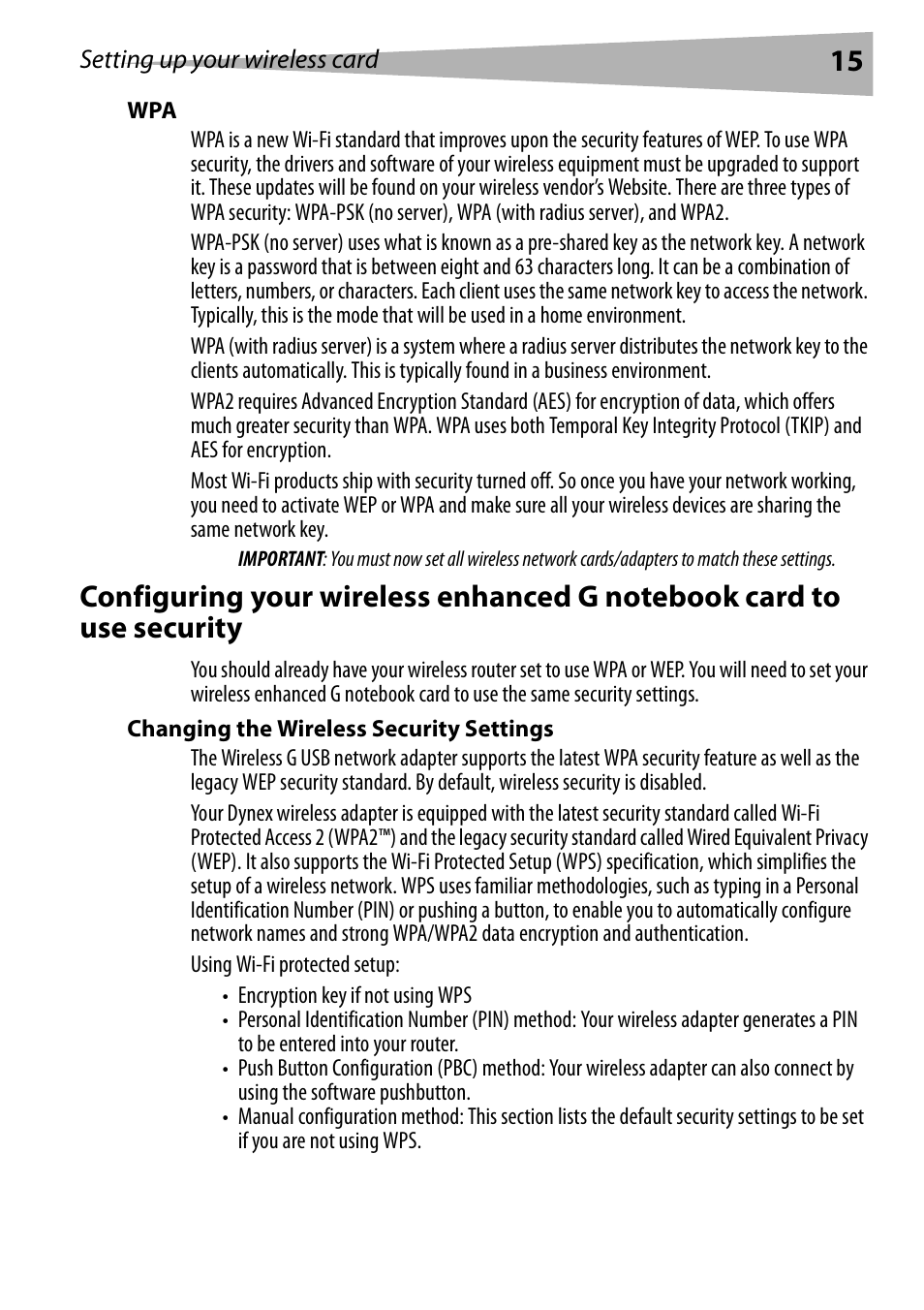 Changing the wireless security settings | Dynex DX-EBNBC User Manual | Page 15 / 86