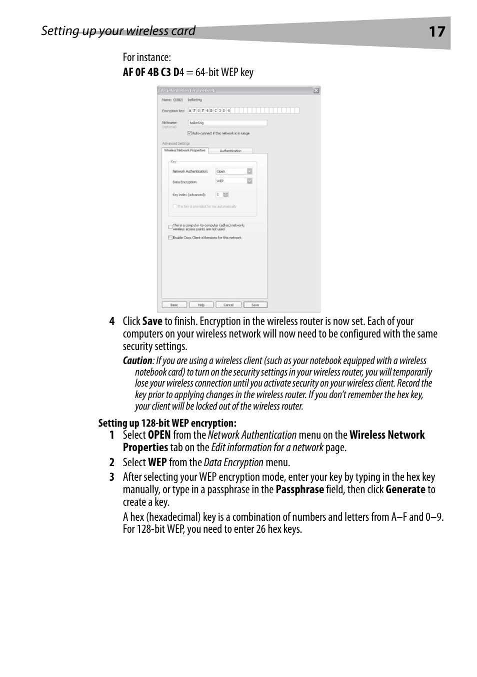 Setting up 128-bit wep encryption | Dynex DX-EBNBC User Manual | Page 17 / 86