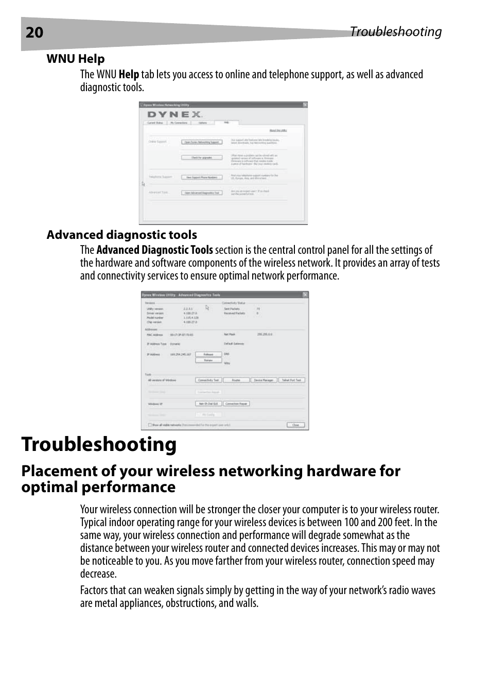 Wnu help, Advanced diagnostic tools, Troubleshooting | Dynex DX-EBNBC User Manual | Page 20 / 86