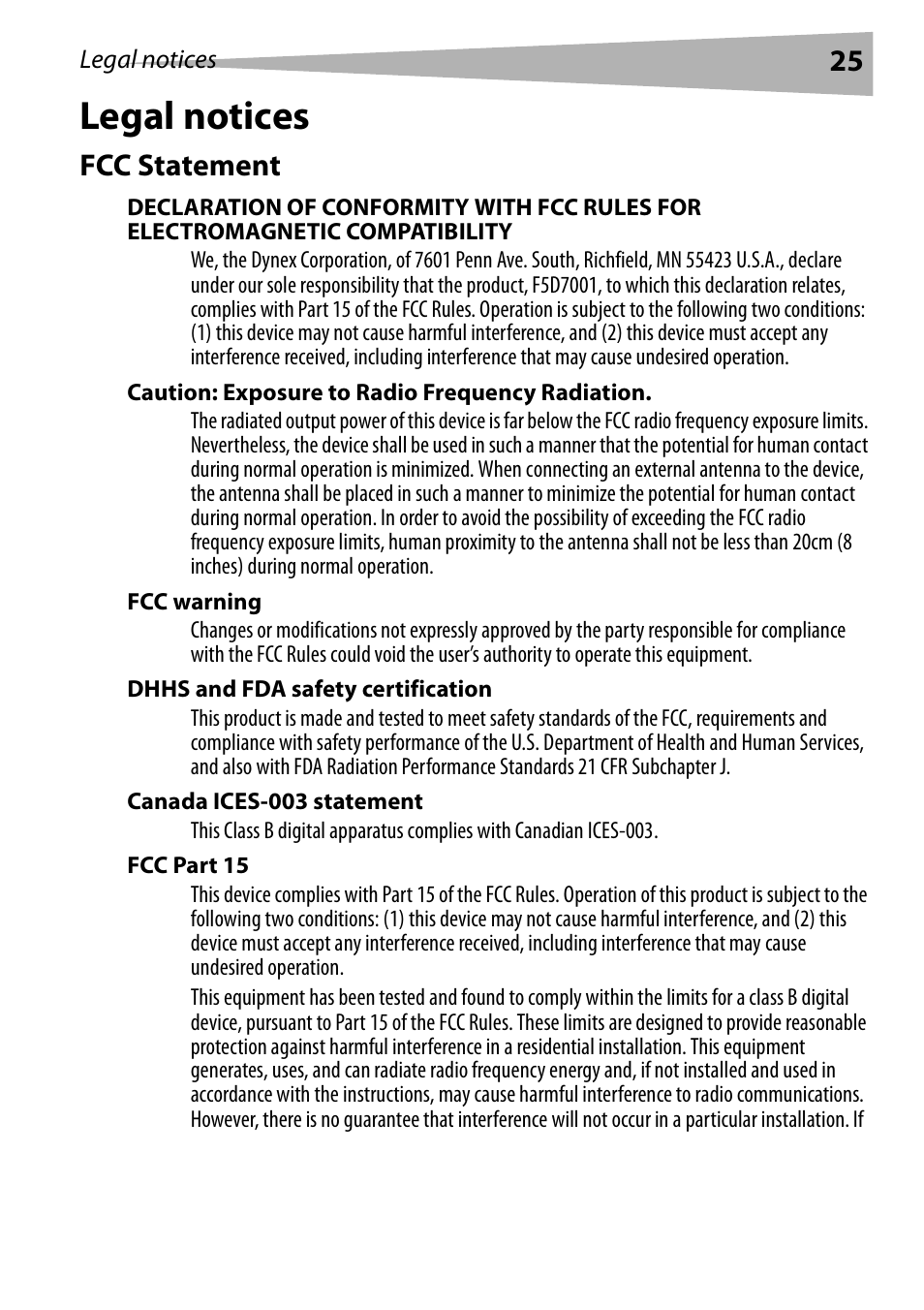 Legal notices, Fcc statement, Caution: exposure to radio frequency radiation | Fcc warning, Dhhs and fda safety certification, Canada ices-003 statement, Fcc part 15 | Dynex DX-EBNBC User Manual | Page 25 / 86