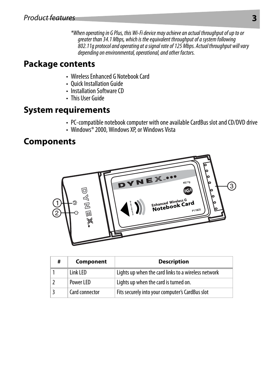 Package contents, System requirements, Components | Dynex DX-EBNBC User Manual | Page 3 / 86