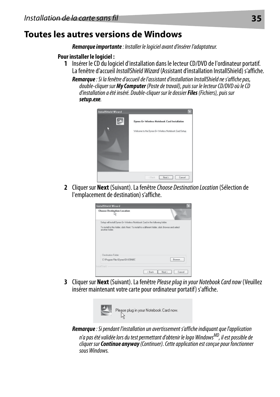 Toutes les autres versions de windows, Pour installer le logiciel, 35 toutes les autres versions de windows | Dynex DX-EBNBC User Manual | Page 35 / 86