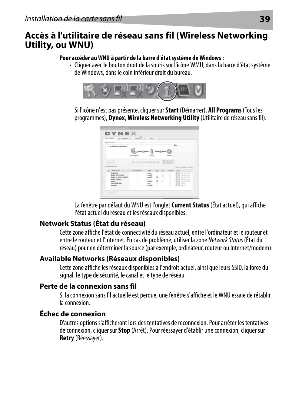 Network status (état du réseau), Available networks (réseaux disponibles), Perte de la connexion sans fil | Échec de connexion | Dynex DX-EBNBC User Manual | Page 39 / 86