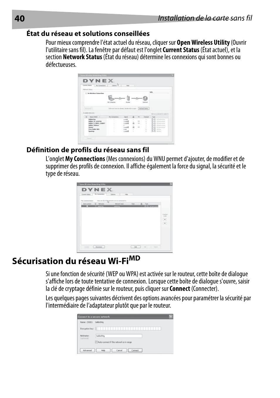 État du réseau et solutions conseillées, Définition de profils du réseau sans fil, Sécurisation du réseau wi-fimd | Sécurisation du réseau wi-fi | Dynex DX-EBNBC User Manual | Page 40 / 86