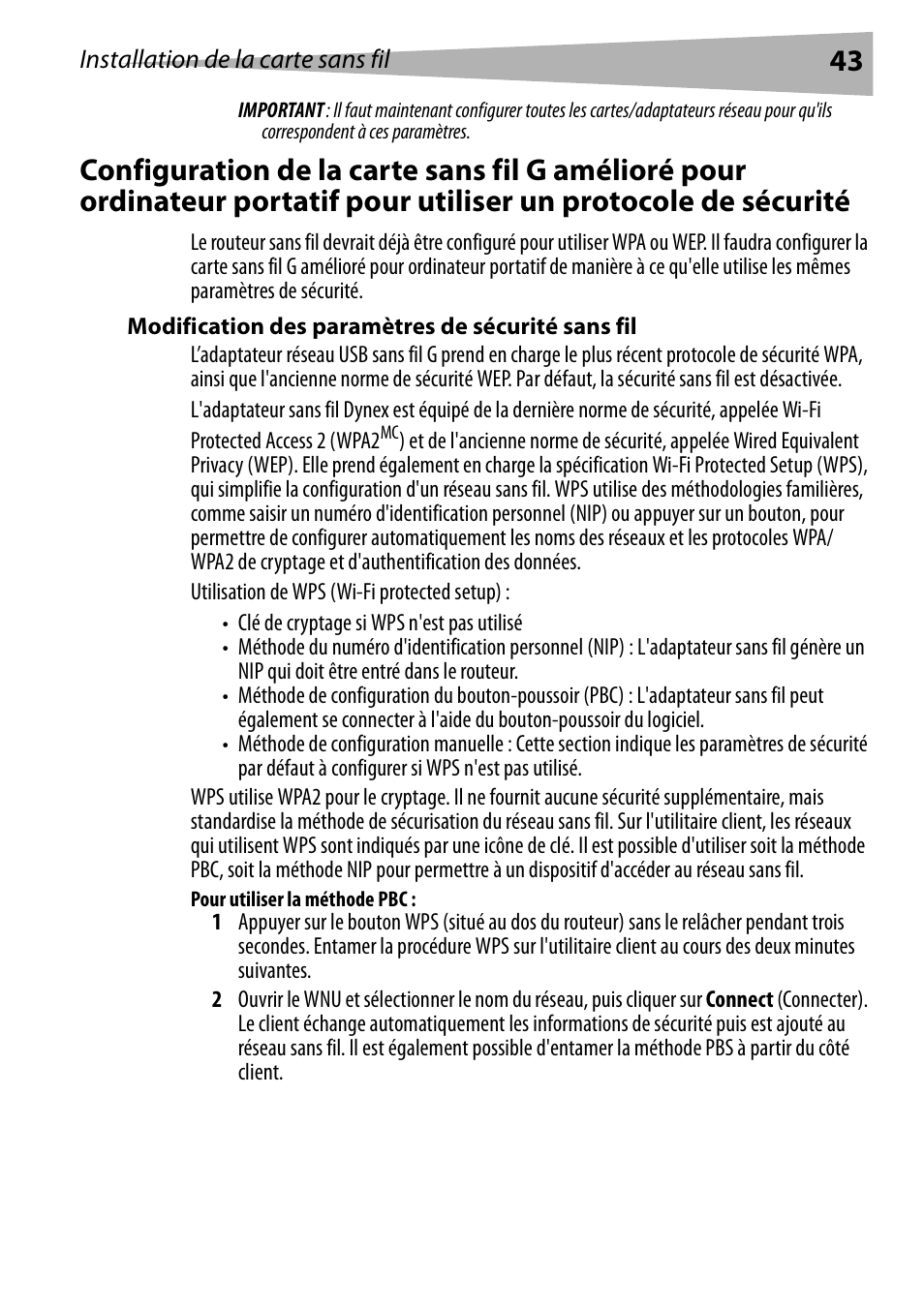 Modification des paramètres de sécurité sans fil, Pour utiliser la méthode pbc | Dynex DX-EBNBC User Manual | Page 43 / 86