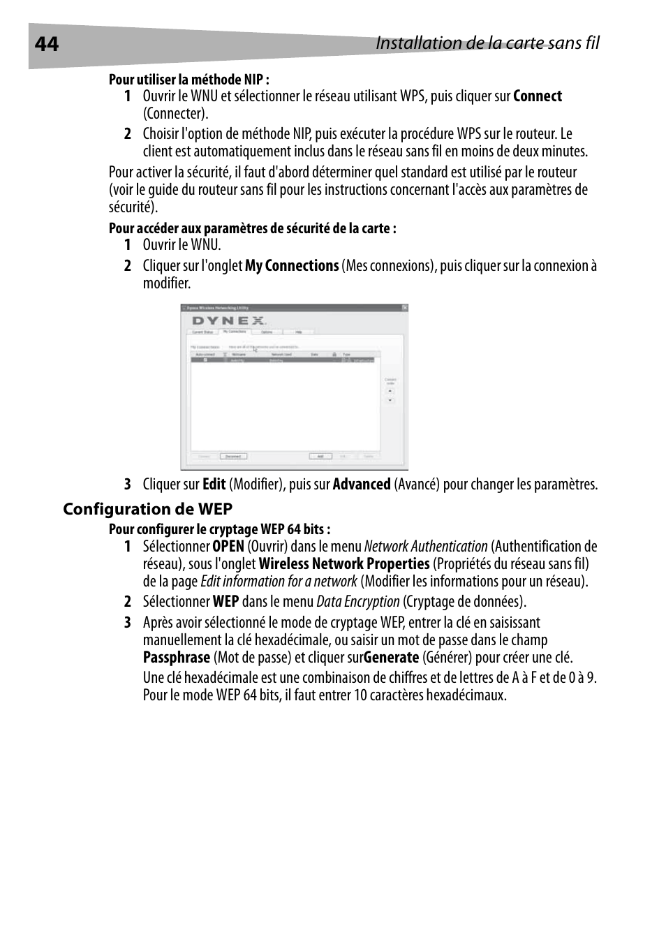 Pour utiliser la méthode nip, Configuration de wep, Pour configurer le cryptage wep 64 bits | Dynex DX-EBNBC User Manual | Page 44 / 86