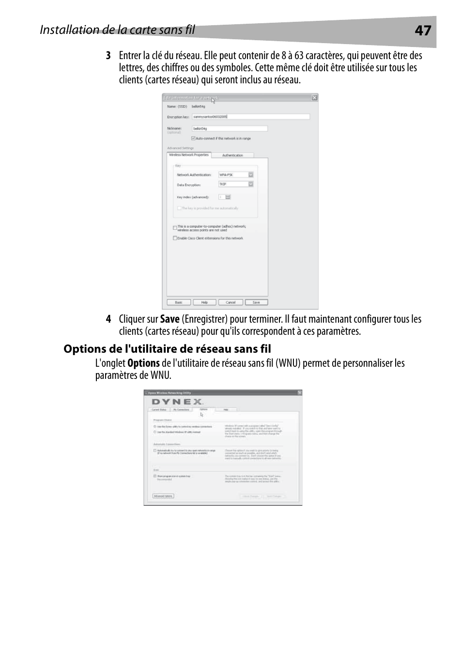 Options de l'utilitaire de réseau sans fil | Dynex DX-EBNBC User Manual | Page 47 / 86