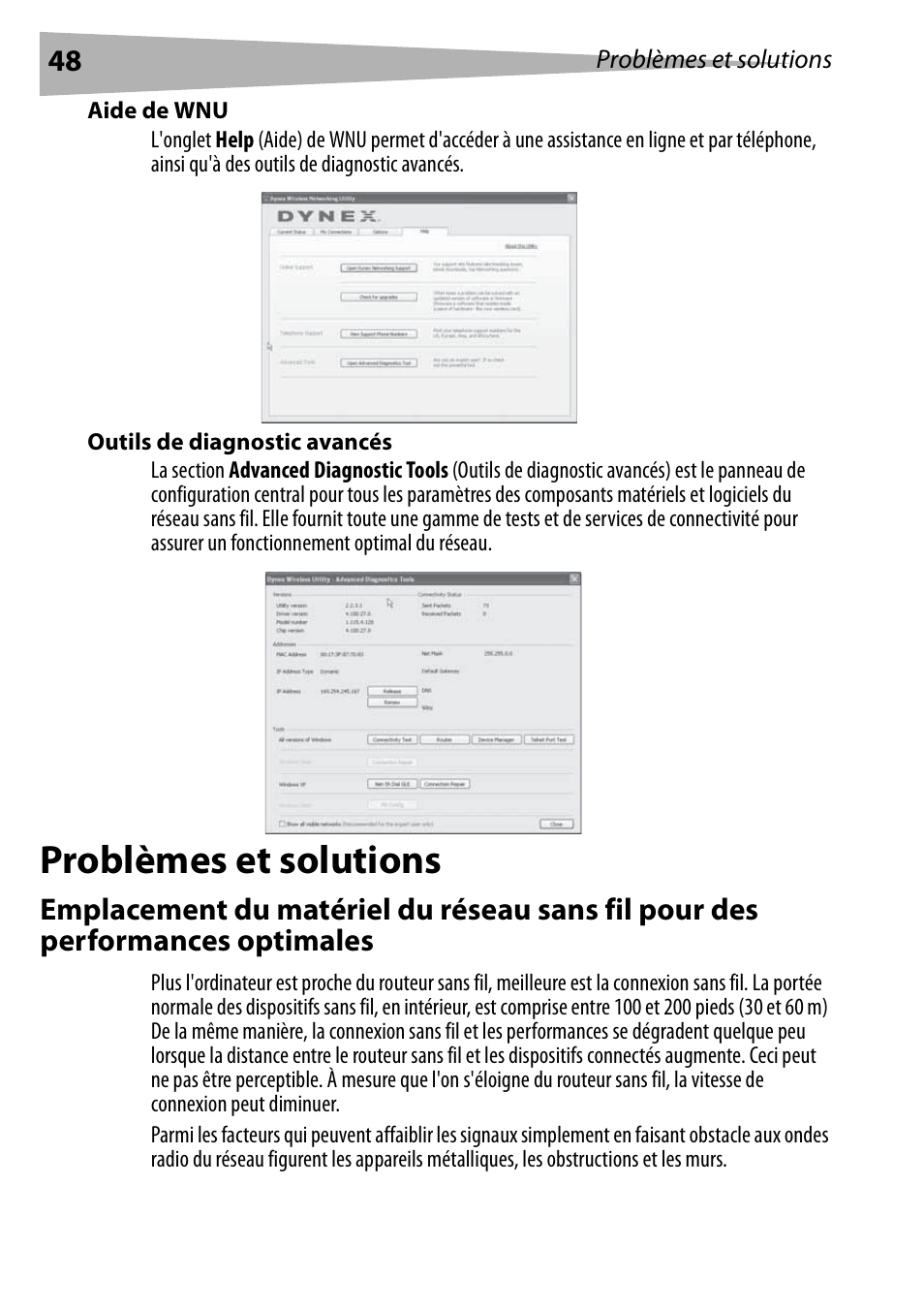 Aide de wnu, Outils de diagnostic avancés, Problèmes et solutions | Dynex DX-EBNBC User Manual | Page 48 / 86