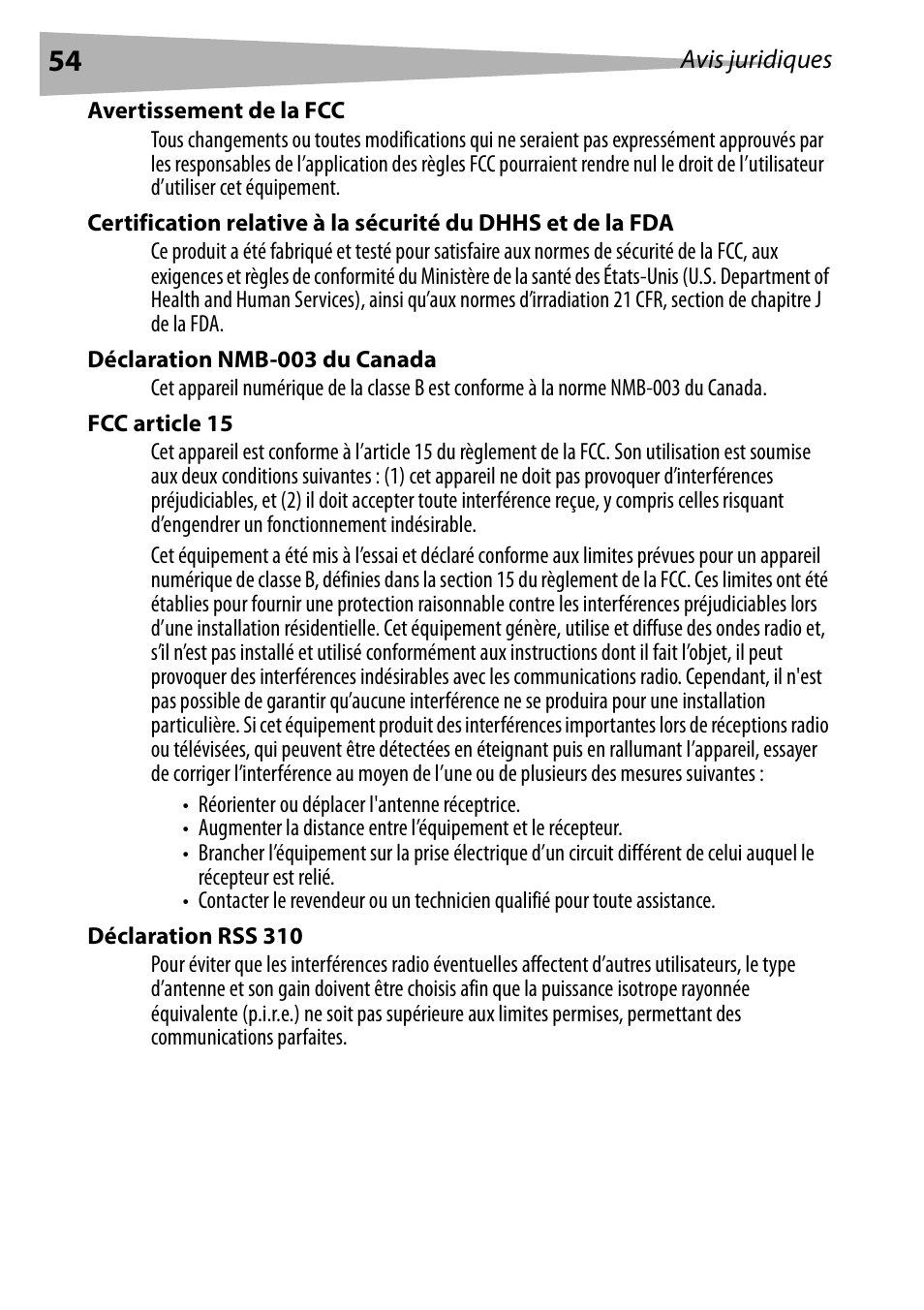 Avertissement de la fcc, Déclaration nmb-003 du canada, Fcc article 15 | Déclaration rss 310 | Dynex DX-EBNBC User Manual | Page 54 / 86