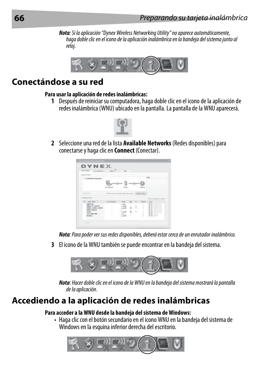 Conectándose a su red, Para usar la aplicación de redes inalámbricas, Accediendo a la aplicación de redes inalámbricas | Dynex DX-EBNBC User Manual | Page 66 / 86