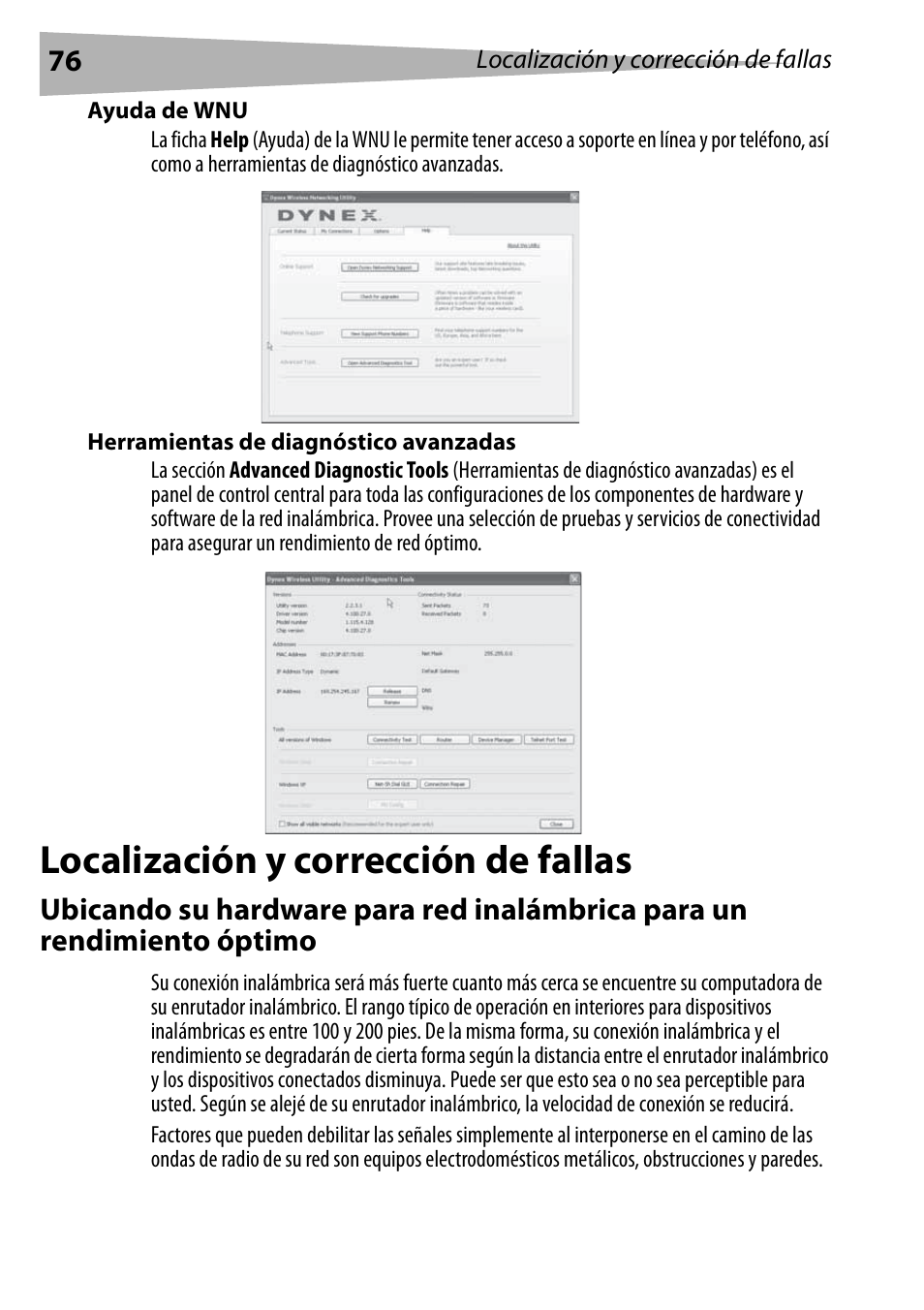 Ayuda de wnu, Herramientas de diagnóstico avanzadas, Localización y corrección de fallas | Dynex DX-EBNBC User Manual | Page 76 / 86