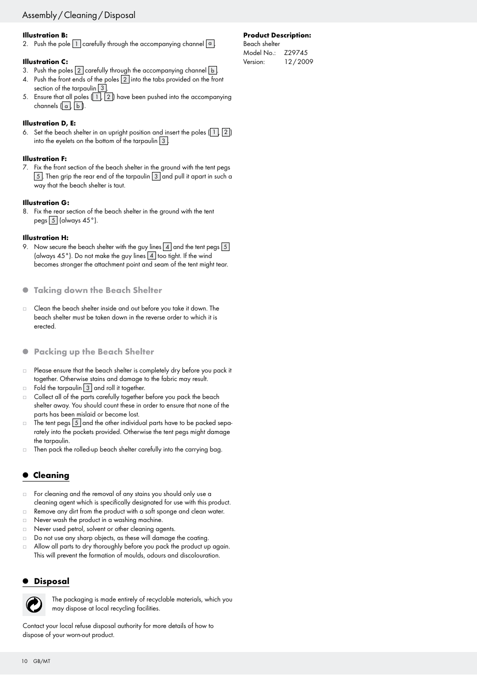 Assembly / cleaning / disposal | Crivit Z29745 User Manual | Page 10 / 15