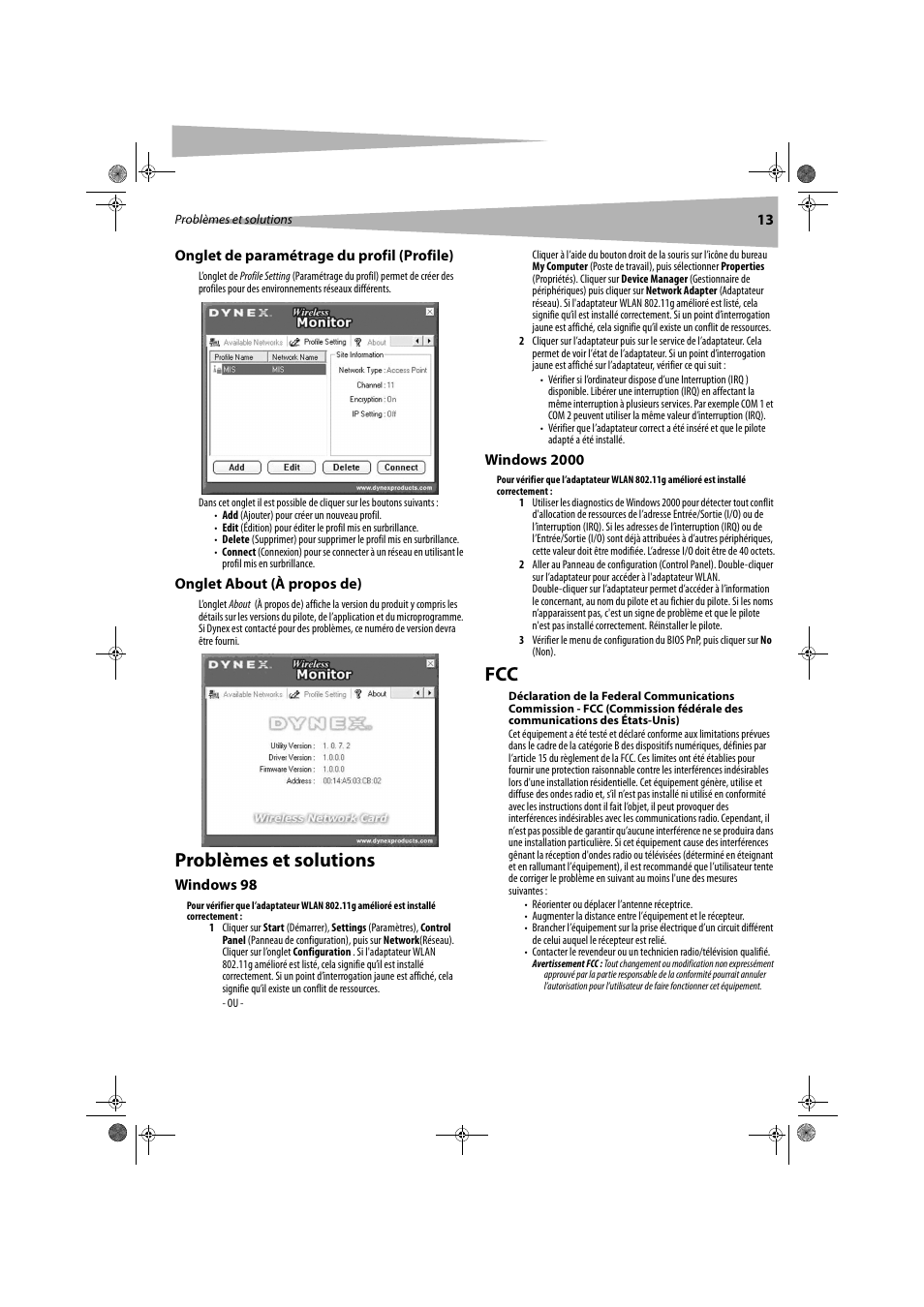 Problèmes et solutions | Dynex DX-WGPNBC User Manual | Page 13 / 24