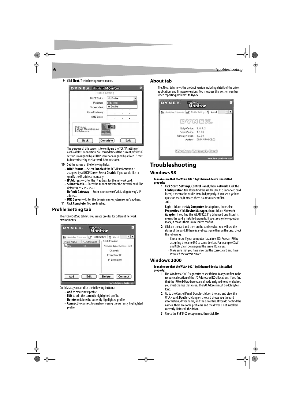 Troubleshooting | Dynex DX-WGPNBC User Manual | Page 6 / 24