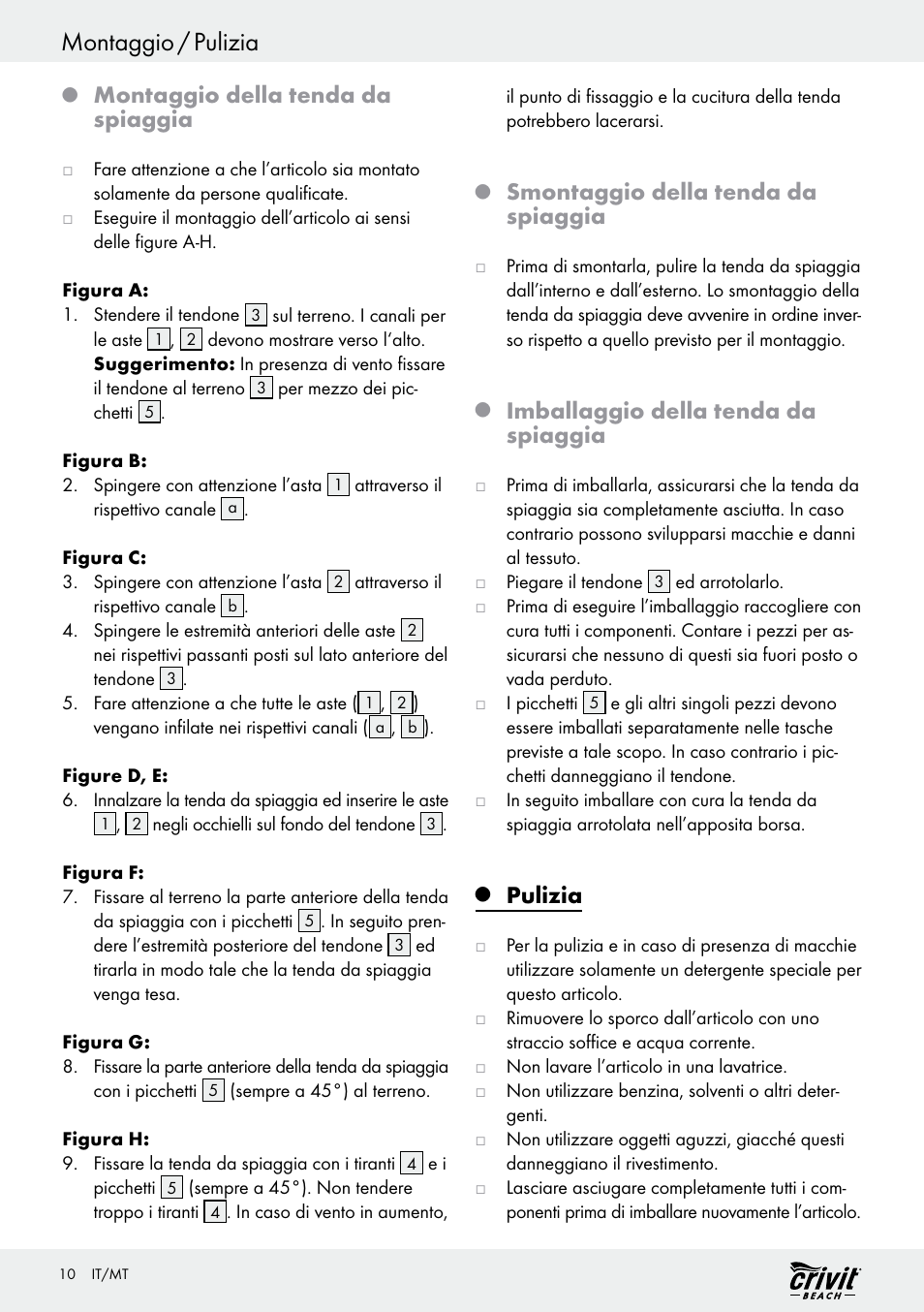 Montaggio / pulizia, Montaggio della tenda da spiaggia, Smontaggio della tenda da spiaggia | Imballaggio della tenda da spiaggia, Pulizia | Crivit Z30696 User Manual | Page 10 / 30