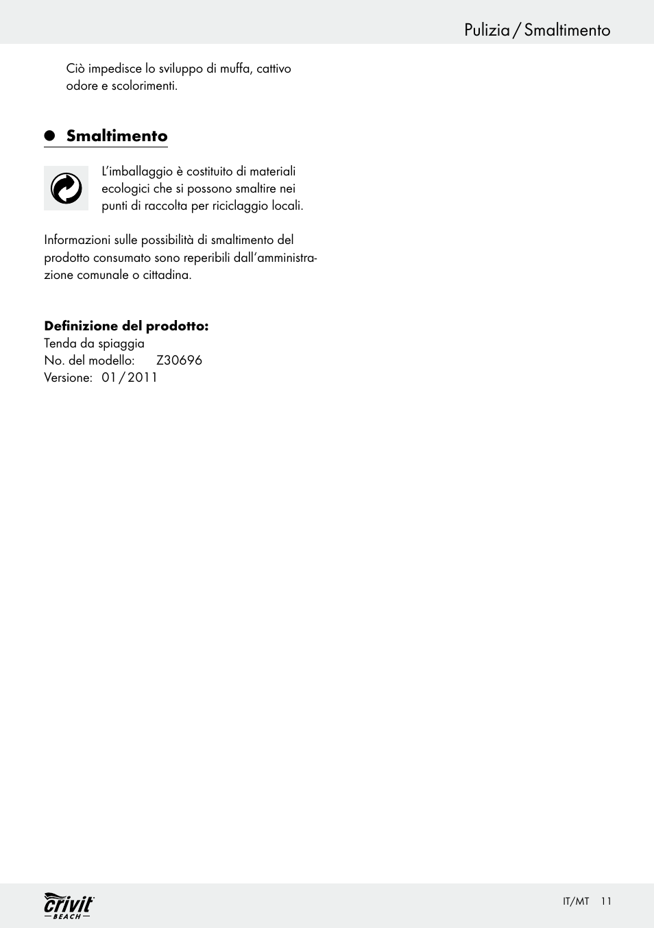 Pulizia / smaltimento, Smaltimento | Crivit Z30696 User Manual | Page 11 / 30