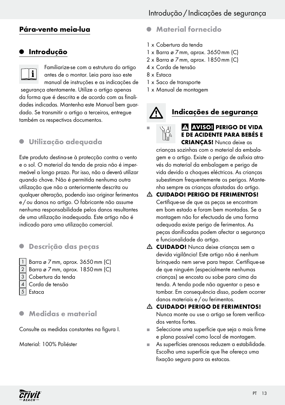 Introdução / indicações de segurança, Pára-vento meia-lua, Introdução | Utilização adequada, Descrição das peças, Medidas e material, Material fornecido, Indicações de segurança | Crivit Z30696 User Manual | Page 13 / 30