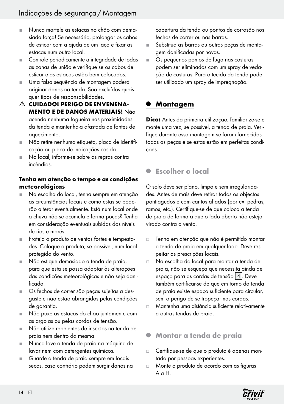 Indicações de segurança / montagem, Montagem, Escolher o local | Montar a tenda de praia | Crivit Z30696 User Manual | Page 14 / 30