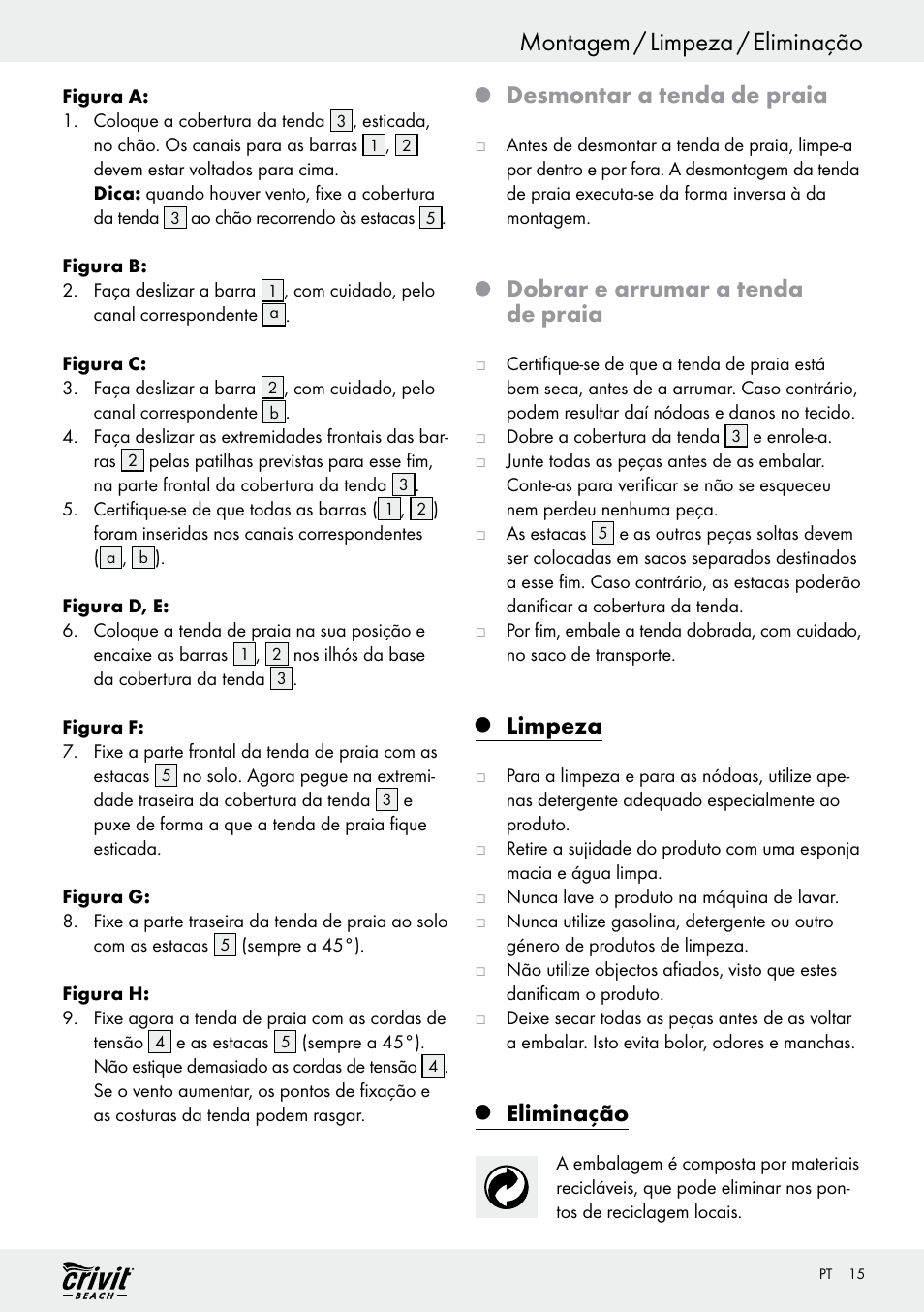 Montagem / limpeza / eliminação, Desmontar a tenda de praia, Dobrar e arrumar a tenda de praia | Limpeza, Eliminação | Crivit Z30696 User Manual | Page 15 / 30