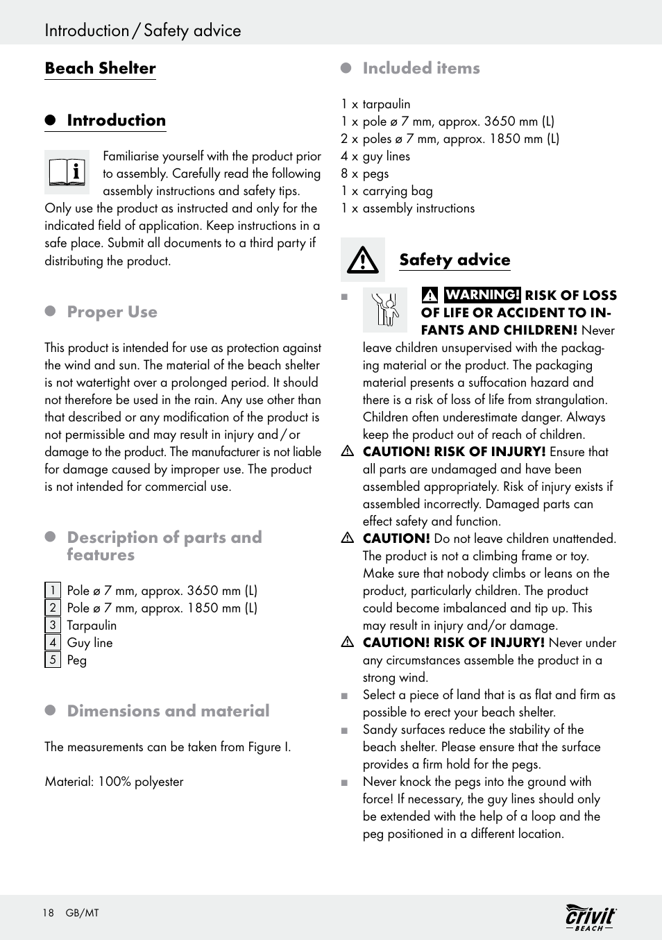 Introduction / safety advice, Beach shelter, Introduction | Proper use, Description of parts and features, Dimensions and material, Included items, Safety advice | Crivit Z30696 User Manual | Page 18 / 30