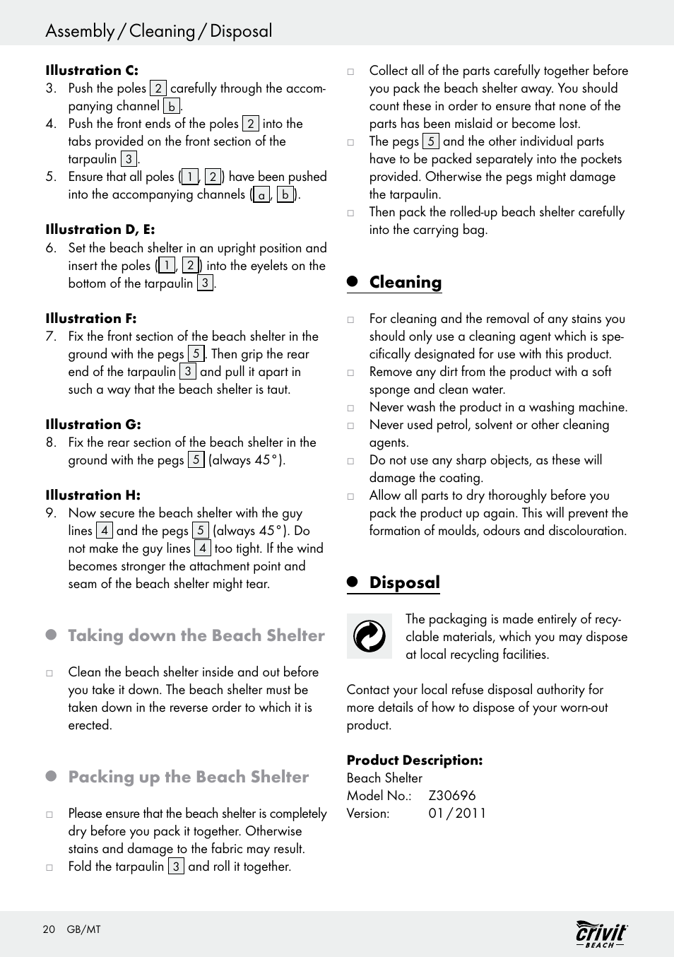 Assembly / cleaning / disposal, Taking down the beach shelter, Packing up the beach shelter | Cleaning, Disposal | Crivit Z30696 User Manual | Page 20 / 30