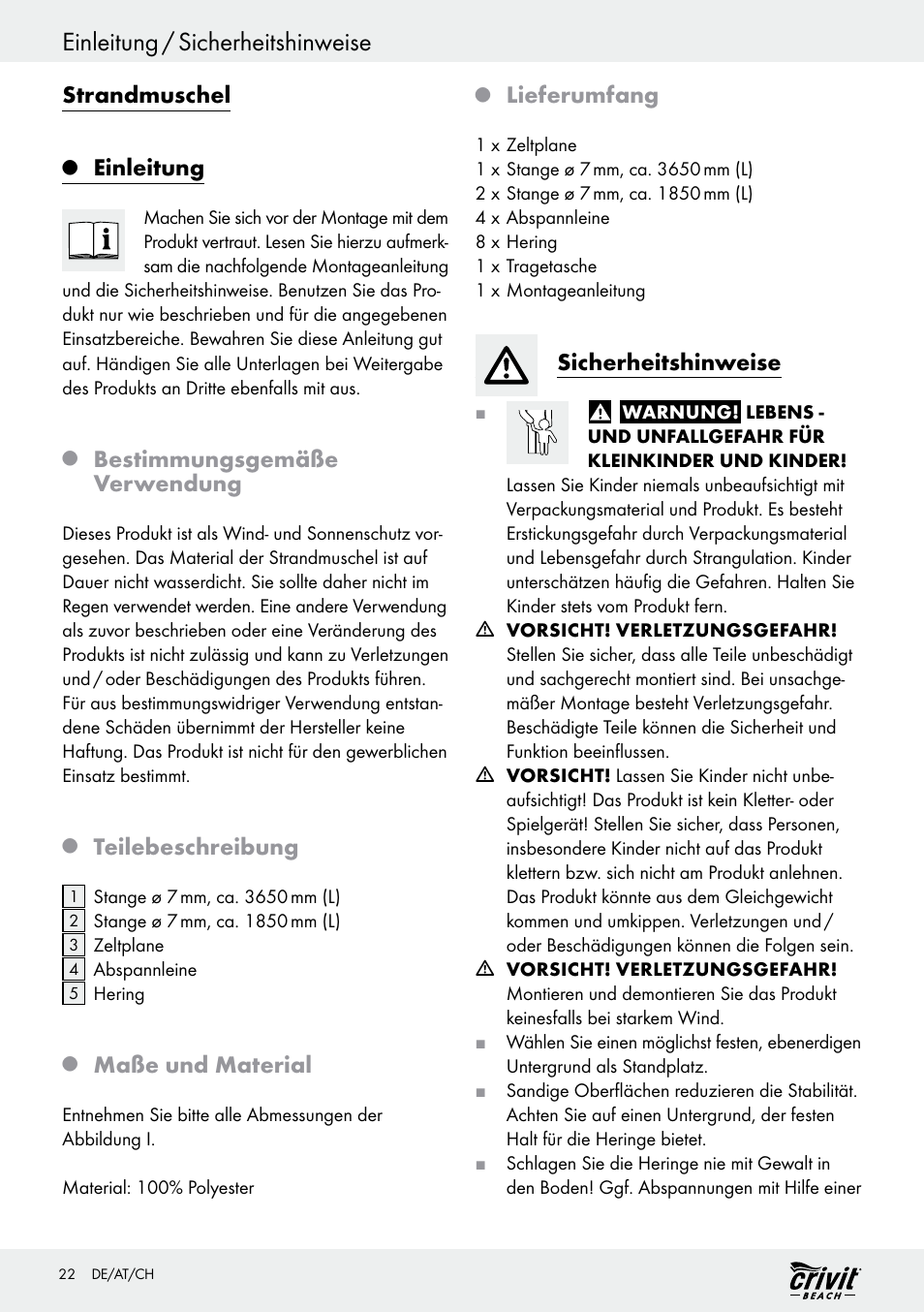 Einleitung / sicherheitshinweise, Strandmuschel, Einleitung | Bestimmungsgemäße verwendung, Teilebeschreibung, Maße und material, Lieferumfang, Sicherheitshinweise | Crivit Z30696 User Manual | Page 22 / 30