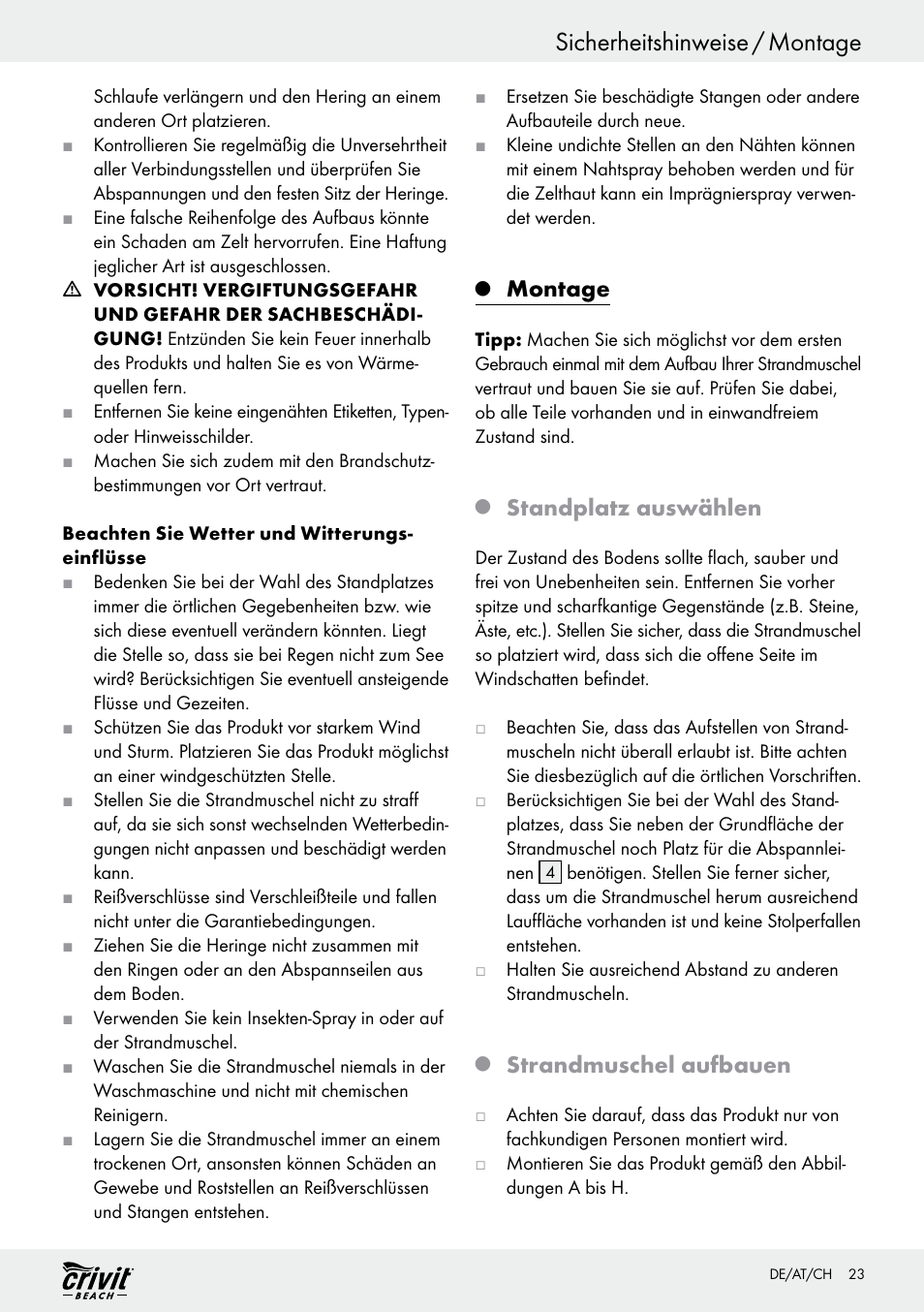 Sicherheitshinweise / montage, Montage, Standplatz auswählen | Strandmuschel aufbauen | Crivit Z30696 User Manual | Page 23 / 30