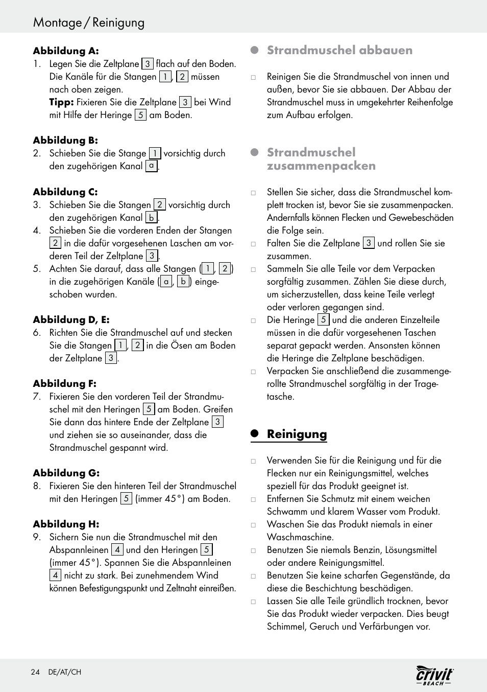Montage / reinigung, Strandmuschel abbauen, Strandmuschel zusammenpacken | Reinigung | Crivit Z30696 User Manual | Page 24 / 30